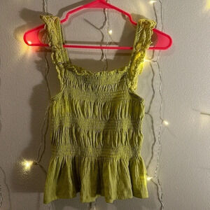 Smocked Square Neck Tank Top w/ Eyelet Lace Ruffle Cap Sleeves - Lime Green‌‌‌‌‌